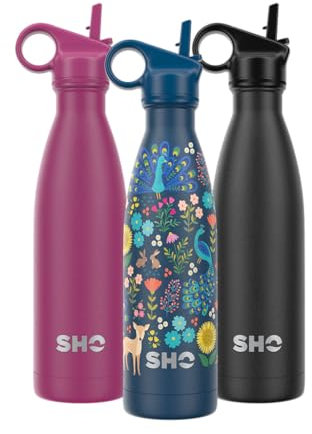 SHO Stainless Steel Water Bottle with Straw and Screw Lid - Leakproof, BPA Free, No Sweat, Vacuum Insulated Double Wall Metal Flask 500ml Original 2.0 12 Hours Hot 24 Cold (500ml, Woodland Garden)