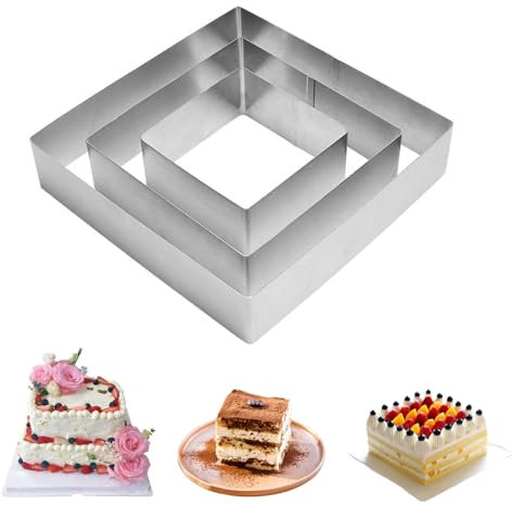 Cake Ring,Cooking Rings, 4/6/8 Inch Rectangular Cake Mold, 3 Packs Rectangular Cookie Cutter Set, Stainless Steel Biscuit Cutters for Cooking Crumpets Eggs Pastry Mousse Desserts(Silver - Square)