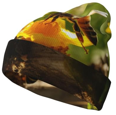 YaWea Warme Mütze mit Bienen-Honigbienen-Druck, für Herren und Damen, dehnbar, warm, Wintermütze, Unisex, modisch, gestrickt, mit Bündchen, Schwarz, Schwarz, Einheitsgr��e