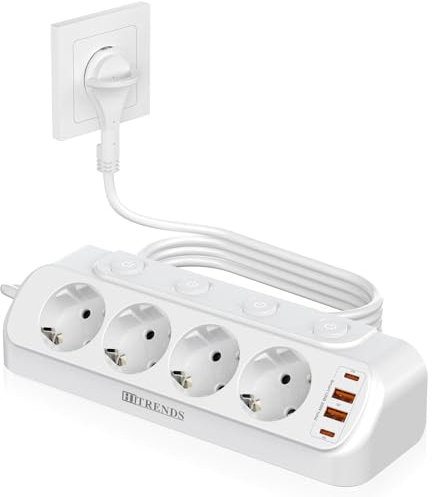 Ecksteckdose mit USB, 4 Fach Steckdosenleiste mit Schalter, Mehrfachsteckdose Steckerleiste mit 2 USB und 2 Type-C, 8 in 1 Steckdosenverteiler Flachstecker mit 2M Kabel für Smartphones, Hause, Weiß