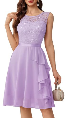 Berylove Damen Brautjungfernkleider Kurz Glitzer Cocktailkleid Elegant für Hochzeit Cocktailkleid Damen Kleid 7052XP Lavender S