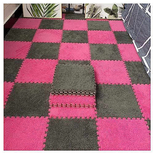 HCZKIUJY Splice-Ineinander greifender Teppich, 16-teilig, quadratischer Plüsch-Ineinander greifen-Teppich, quadratische Puzzle-Bodenmatte, Schaumstoff-Teppich fürs Schlafzimmer,Gray+Rose-0.6cm