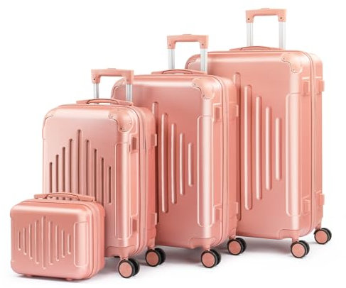 LALAHO Set de 4 Valises de Voyage avec Vanity Case, Valise Grande Taille, Valise Moyenne, Valise Cabine, ABS avec Coins Renforcés, roulettes Pivotantes 360°, Cadenas et Poignée Télescopique (Or Rose)