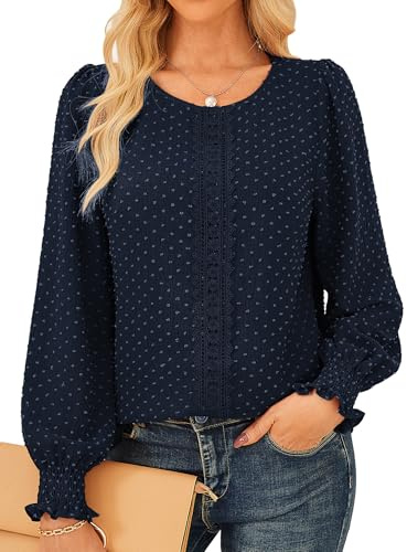 GRACE KARIN Ladies Long Loose Tunic Lightweight Casual Blue Blouse Crew Neck Lightweight Shirt Summer Autumn Tops Navy Blue M