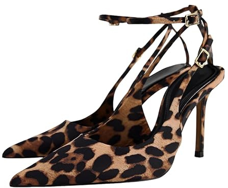 CRETUAO Escarpins à Talons Aiguilles léopard rétro pour Femmes, Bout Pointu, Boucle, Bride à la Cheville, Sexy, pour soirée, Mariage, fête,Léopard,39 EU
