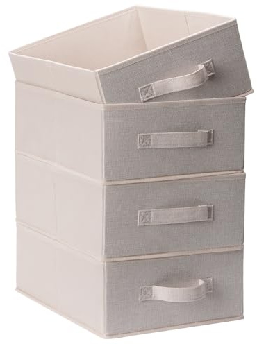 OVAKIA Fabric Storage Box, Foldable Wardrobe Clothes Organiser Boxes with Handle for Shelves Drawer Underwear Bras Socks Toys, Pack of 4 (Linen)