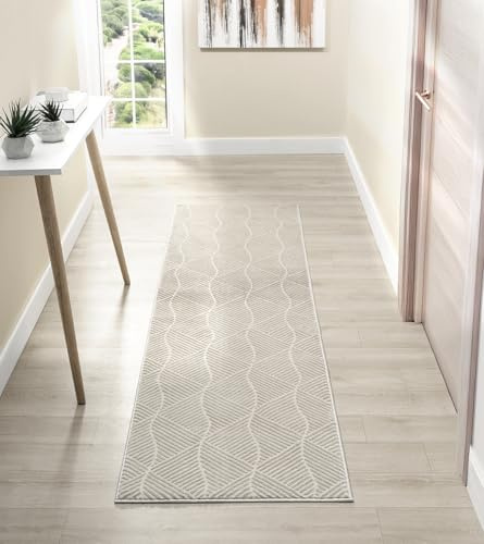 Vellure Modern Metallic Hallway Runner Rug, Pyramid Cream, 60x220cm