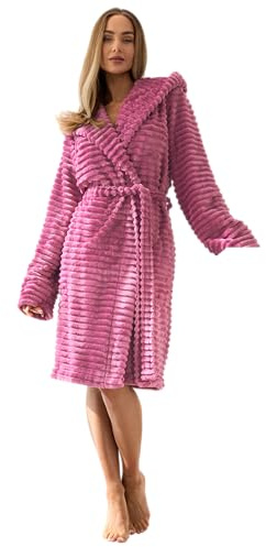 L&L Bademantel Damen Kurz mit Kapuze I Weicher Morgenmantel aus 100% Polyester I Kuscheliger Hausmantel für Frauen, Leichter Frottee Morgenrock mit Gürtel - Perfekt für Zuhause & Spa