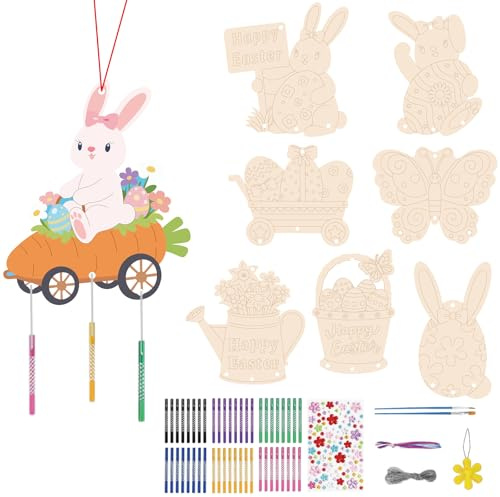 PIujsym 16 Stück Osterdeko, Ostern Windspiel Basteln, Holzanhänger Ostern zum Bemalen, Osterhase Schmetterling, Ostereier Holz DIY Osterbasteln für Mädchen Junge, Osterdeko Frühling Feiertage