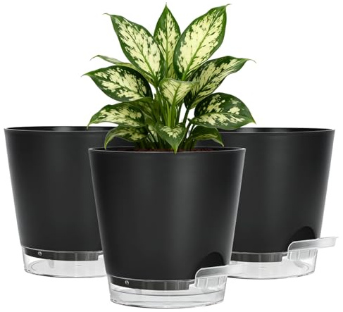 15cm Self Watering Plant Pots Indoor, 3 Pack - Side Refill Planters with Clear Water Level Reservoir & Wick System, Modern Black Plastic Flower Pots with Drainage Holes & Saucer for House Plants