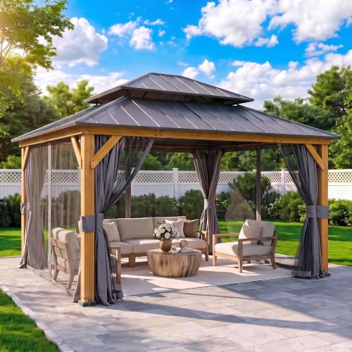 SUNJOY 3,9 × 4,5 m Gartenpavillon aus Zedernholz, Stahl-Doppeldach-Hardtop, 12 cm Pfosten, Sichtschutzvorhänge & Moskitonetze, wind- und schneelastbeständig, Outdoor-Pavillon für Terrasse, Deck-Partys