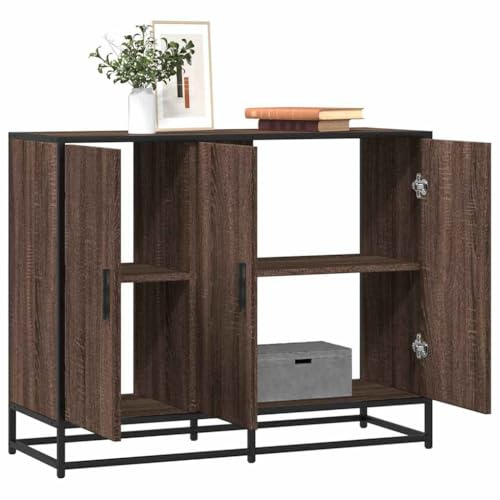XHNIFBN Sideboard Braun Eiche 94x35x76 cm aus Holzwerkstoff mit Metallgestell Modernes schmales Highboard mit viel Stauraum Langlebig für Wohnzimmer Schlafzimmer Flur Büro