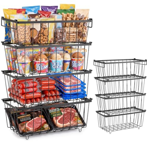 Otopone Freezer Baskets for Chest Freezers, 4 Pack Freezer Storage Boxes | Chest freezer organiser with stackable wire baskets and foldable handles for meat, vegetables, ready meals and snacks.