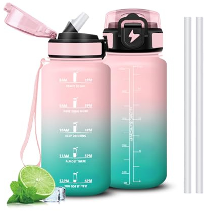 Mujigaga Gourde 500ml, Anti Fuite Gourde, Facile à Nettoyer, Bouteille d'eau Motivation avec Paille, Verrou de Sécurité, Gourdes avec Marqueur de Temps pour Voyage, Camping, Fitness