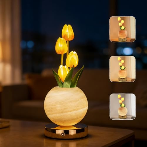 Justup Tischlampen, 3 Lichtfarben Tulpenlampe Dimmbare Touch-Glasvasen-Nachttischlampe, 1200mAh Wiederaufladbare Künstliche Blumen Tischlampe, Geschenk für Frauen und Mütter (Tulpen-Orange)