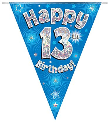 Party Bunting Happy 13th Birthday Blue Holographic 11 flags 3.9m