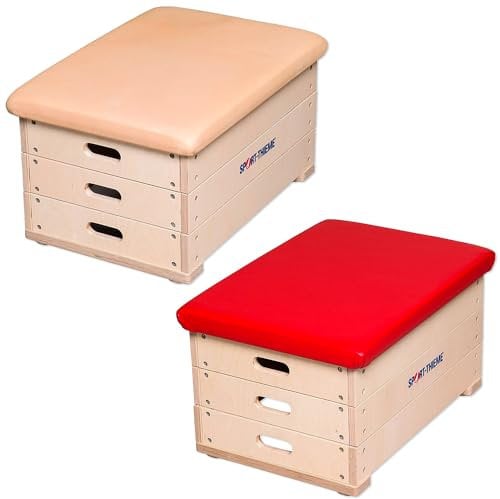 Sport-Thieme Sprungkasten 3-teilig | Polsterbezug aus rotem Kunstleder o. Kernrindleder | Birken-Multiplex-Holz, Hartholz Standfüße | Bis 100 kg belastbar | LxBxH: 70x50x40 cm | 25 kg