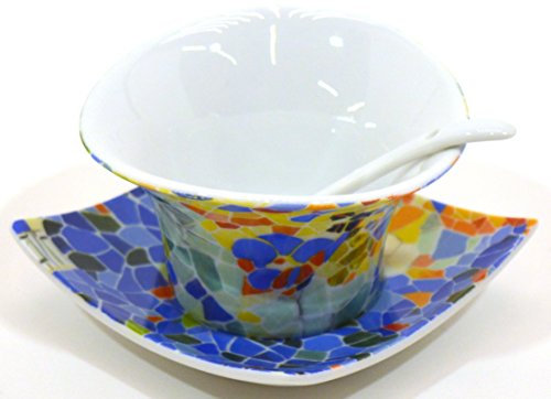 ART ESCUDELLERS Salsera con Plato Ola de Porcelana Decorada en TRENCADIS al Estilo Gaudí. (Color Aurora). 10 cm x 10 cm x 8 cm