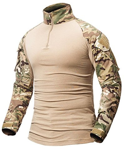 ShallGood Herren-Hemden, Kampf, Militär, Airsoft, BDU, Shirt, Outfit, Camouflage, Uniform, taktisch, schnell trocknend, mit Taschen, Ellbogenschützer, Langarm-Hemd, Multicam, C Khaki., S