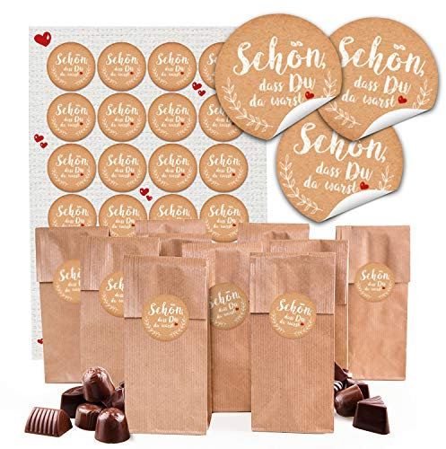Logbuch-Verlag 24 kleine Geschenktüten braun Kraftpapier 7 x 4 x 20,5 cm + 24 Aufkleber SCHÖN DASS DU DA WARST vintage Verpackung Lebensmittel