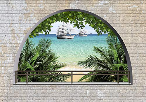 wandmotiv24 Fototapete Ziegelmauer Meer Palmen, XL 350 x 245 cm - 7 Teile, Wanddeko, Wandbild, Wandtapete, Strand, Karibik, Mauer M1270