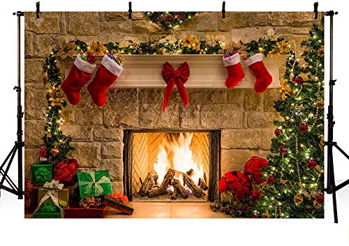 MEHOFOTO 8x6ft Merry Christmas Eve Photo Studio Backdrop Christmas Trees Xmas Fireplace Gifts Red Bow Stocking Backgrounds for Photography
