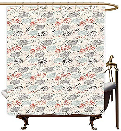 SKDSArts - Elegante tenda da doccia a forma di ombrello, a pois e strisce disegnate a mano, motivo nuvole tra ombrelli decorati e rovesci, multicolore, 175 x 183 cm (larghezza x lunghezza), tenda da