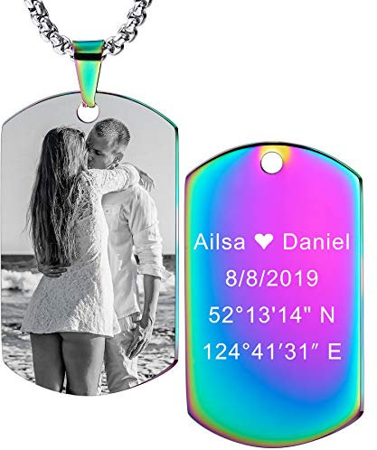 MeMeDIY Personalisierte Dog-tag Anhänger Halskette Gravur Text/Fotos Männer Frauen Memorial Edelstahl Schmuck. Bündel mit verstellbarer Kette, Schlüsselbund, Schalldämpfer. (Mehrfarbig)