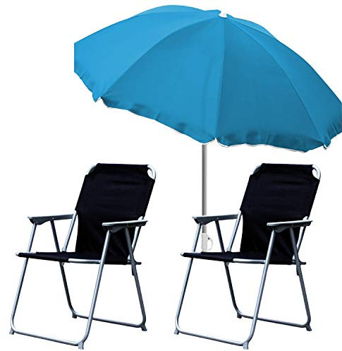 Mojawo 3er Set Campingmöbel 2 x Campingstuhl Klappstuhl Schwarz + Strandschirm Sonnenschirm Blau Outdoor Ø180cm