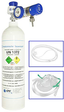GPG Gase-Partner GmbH Mobiles Sauerstoff-Notfallsystem - 2 Liter medizinischer Sauerstoff (Aluflasche superleicht) mit Druckminderer MediSelect 25 und Maske