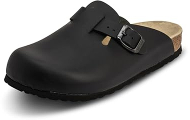 VITAFORM® Clogs Leder für Damen und Herren, Hausschuhe mit ultradämpfendem Fußbett, Sohle aus Naturkork, Arbeitsschuhe für Pflegeberufe, atmungsaktiv, Schwarz Größe 37