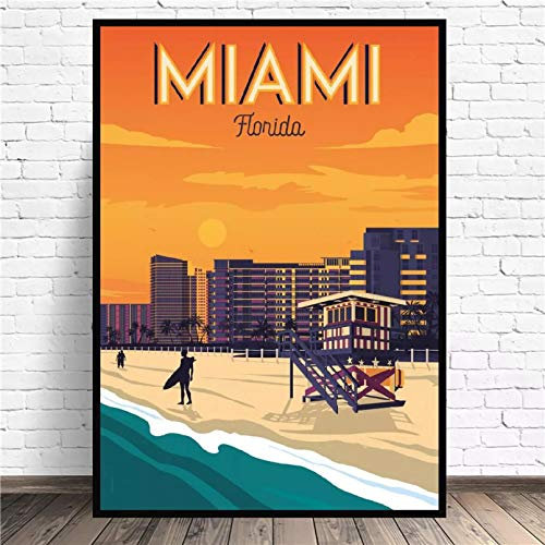 N/A Poster Drucken Miami Beach Travel Art Leinwand Poster Druckt Home Wall Decor Gemälde Leinwand Ölgemälde Poster Modernes Wandbild Esszimmer Dekoration