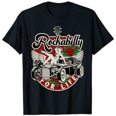 Rock 'N' Roll Kleidung u. Geschenke für Rockabilly - Vintage 50s RnR Design - Rockabilly for Life T-Shirt - Schwarz - Unisex - S - V-Ausschnitt - Kurzarm - Casual - Musik - Rockabilly-T-Shirt