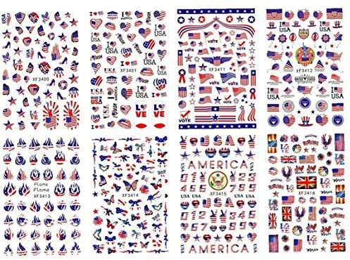 Froiny 8pcs / Set 4 Juillet Stickers De Nail Art USA Drapeau National Day National Sticker DIY Manucure Décorations American Indépendance Day Nail Art Décalques, 9.5*6.5cm