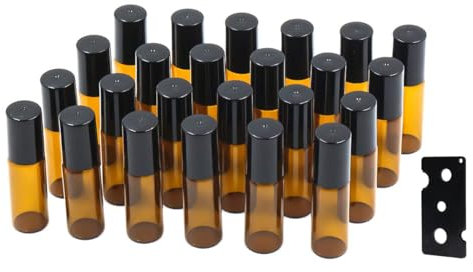 Topsky 24 Stück 5ml Braune Roll-On Glasflaschen mit Edelstahl-Roller - Nachfüllbare Leerflaschen für ätherische Öle, Lotionen und Parfüms