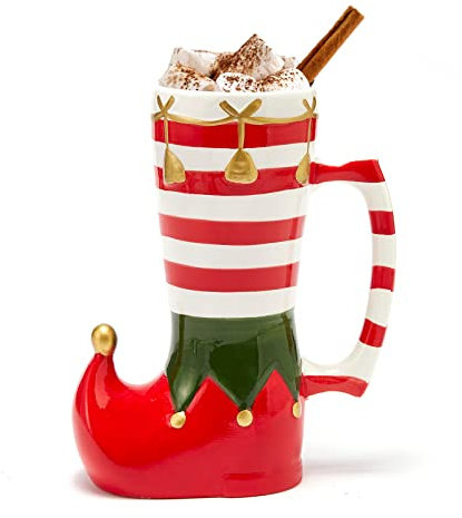 GUTE Christmas Elf Boot Mug Large Ceramic Christmas Mug for Coffee, Cocoa, Wine, Eggnog and More - Elfs Candy Cane Stocking Sock for Holiday and Seasonal Gift - 7.8 High, 6 Wide, 17 oz Capacity