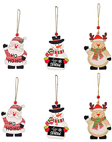 Hzyclzh 6 Stück Metall Christbaumanhänger, Weihnachtsbaumschmuck,Weihnachtsmann, Schneemann und Elch Mustern, Weihnachtsschmuck aus Holz, Weihnachtsanhänger, für DIY Craft Gift Xmas Tree Decor