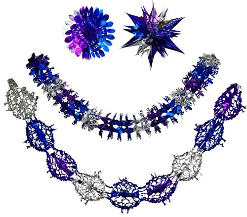 4PCs Christmas Ceiling Decorations, Foil Christmas Garland Decorations, Festive Wall Hanging Tinsel Decorations Indoor, New Year Xmas Decorations (Silver/Blue/Purple)