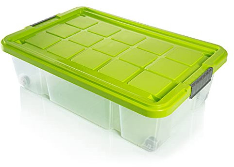 BigDean 2X Unterbettkommode Aufbewahrungsbox mit Deckel 25L limegrün 60x40x17,5cm - mit Rollen + Clipverschluss nestbar - Eurobox Aufbewahrungsbox Storage Box Bettkasten - Made in Germany