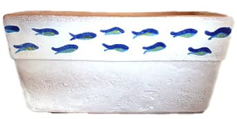 Ceramiche Angela Rinaldi Maioliche Design Fioriera Bianca con Pesci in Ceramica di Vietri Dipinta a Mano per Interno ed Esterno - 38 cm x 23 cm x 18 cm