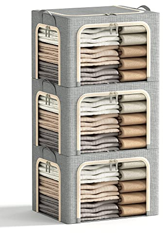3 Openings Clothes Storage Bins with Metal Frame, Foldable Storage Bin for Clothes, Clothing Storage Bins with Lid, Linen Storage Box With Clear Window＆ Zippers＆ Durable Handles.(3 Pcs,Light Grey,40L)