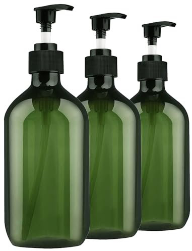 3 Pack Green Pump Bottle Dispenser, Empty Plastic Refillable Lotion Soap Shampoo Dispenser Containers with Pump, Show Soap Dispenser Bottles, BPA/Paraben Free, 500ml/16.9oz