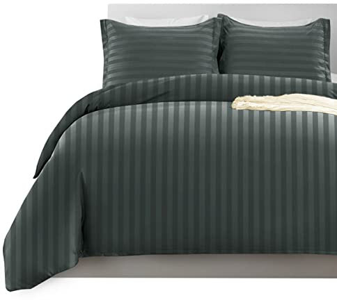 Imperial Rooms King Size Duvet Cover Sets Reversible Stripes Satin Bedding Set with Pillowcases Breathable Microfiber Duvet Covers (Charcoal 230x220 Cm)