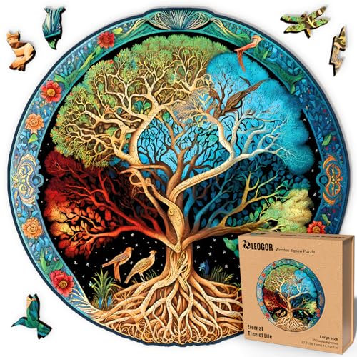 LEOGOR Puzzle in legno per adulti, 350 pezzi (37,8 x 38,1 cm), legno spesso 5 mm, grande puzzle rotondo dell'albero della vita con forme uniche ispirate alla natura, stimolante, regalo di alta qualità