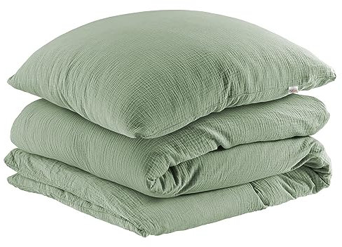 Pure Label Musselin Bettwäsche 155x220 cm mit einem Kissenbezug 40x80 cm aus 100% Baumwolle - Traumhaft weiche, kuschelige Bettwäsche-Sets in grün aus Musselin