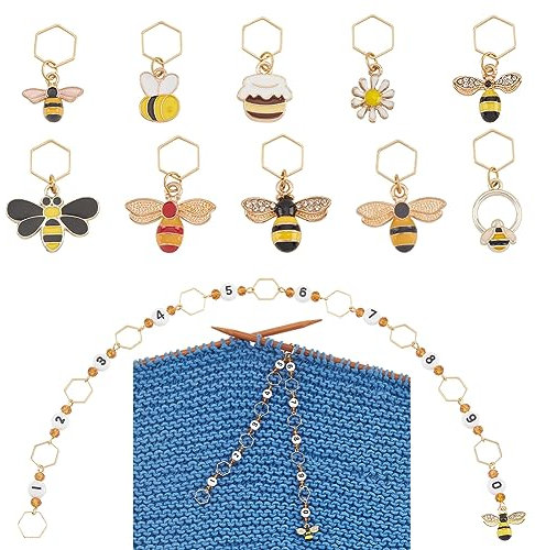 BENECREAT 11 Stück Acryl-Reihenzählerketten Und Bienen Zum Stricken von Zahlen, Honey Pot Little Daisy Emaille-Charm-Maschenmarkierer Mit Sechskantring Zum Stricken, Weben, Nähzubehör