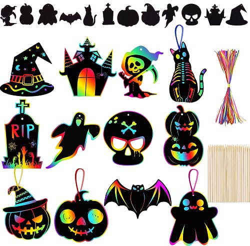 24stk Halloween Kratzbilder Halloween Kratzen Regenbogen Bastelset Magische Regenbogen Scratch Art Kratzpapier FüR Diy-Ideen, Zweigornamente, Lesezeichen, GeschenkanhäNger Und Mehr