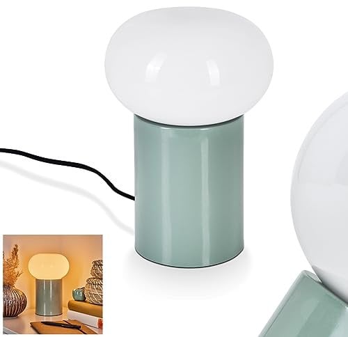 Tischleuchte Tati, moderne Nachttischlampe aus Metall/Glas in Türkis/Weiß, runde Tischlampe im Retro-/Vintage Design, Ø 15cm, Höhe 22cm, mit An-/Ausschalter am Kabel, 1 x E27, ohne Leuchtmittel