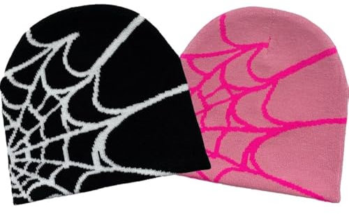 CORIRESHA Y2K Strickmütze für Damen und Herren, Spinnennetz, warm, weich, Gothic-Wintermütze, 2_Schwarz, Weiß/Rosa, Dunkelrosa, Einheitsgröße