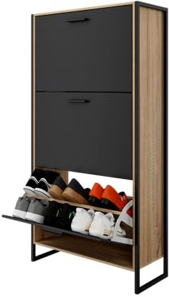 Organize Schuhschrank für Industrie,18 Paar – Schuhschrank,Aufbewahrung für Eingang,große Kapazität,platzsparend,Eingangsbereich,schwarze Türen,Rahmen aus hellem Holz – Französisches